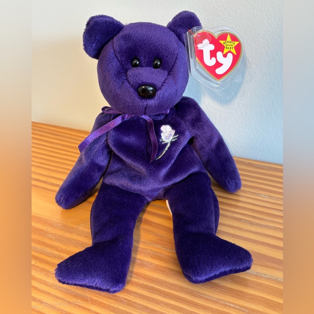 Ty Purple Beanie Baby Plush Bear with Embroidered Rose